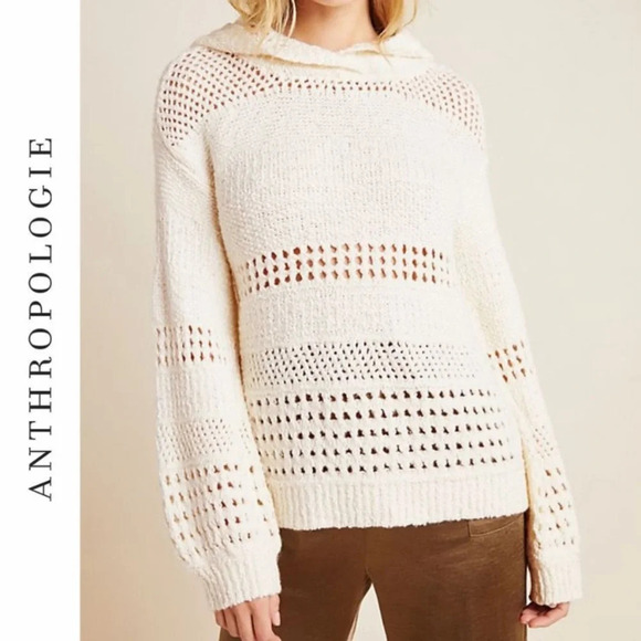 Anthropologie Wool Alpaca Oversized Pointelle Knit Hooded Sweater Balloon Sleeve - Picture 7 of 8